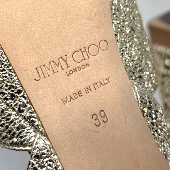 Jimmy Choo April 120 Metallic Foil Leather Platform Sandal Block Heels Gold 39 - Picture 12 of 16